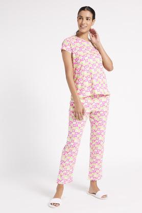 printed cotton regular fit women's top & pyjama set - pink