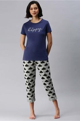 printed cotton regular fit womens full length pyjamas - grey