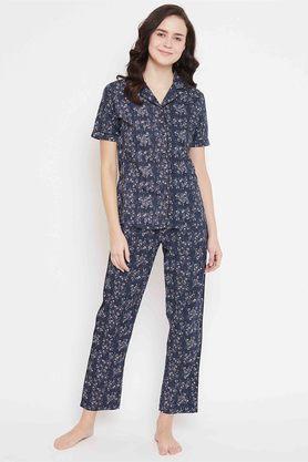 printed cotton regular fit womens night suit - navy