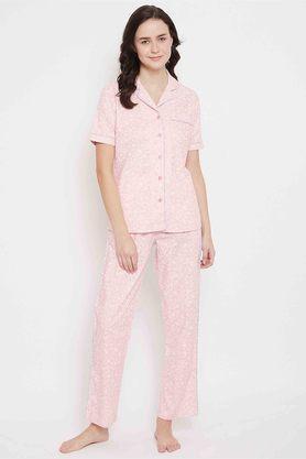 printed cotton regular fit womens night suit - pink