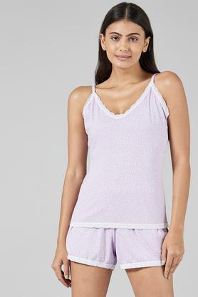 printed cotton regular neck womens top and shorts set - lilac