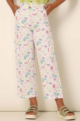 printed cotton relaxed fit girls trousers - grey
