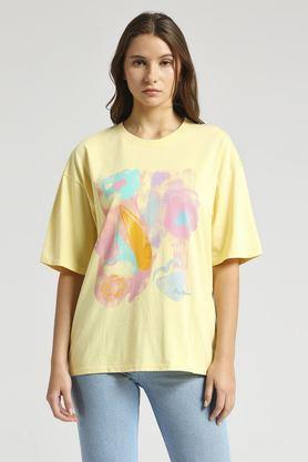 printed cotton relaxed fit women's t-shirt - yellow