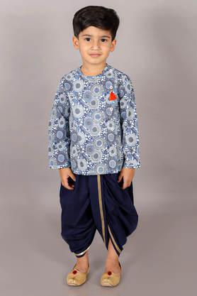printed cotton round neck boy's festive wear dhoti kurta set - blue