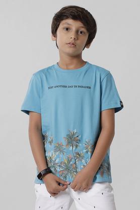 printed cotton round neck boy's t-shirt - blue