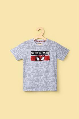 printed cotton round neck boy's t-shirt - ecru