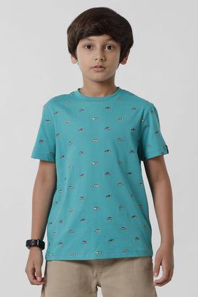 printed cotton round neck boy's t-shirt - light blue