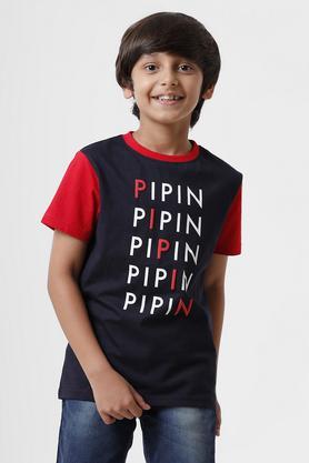 printed cotton round neck boy's t-shirt - navy