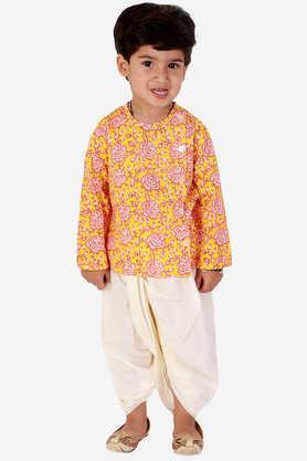 printed cotton round neck boys dhoti kurta set - orange