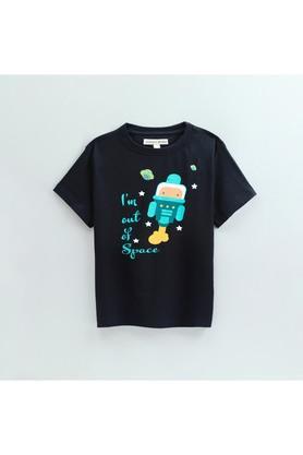 printed cotton round neck boys t-shirt - black