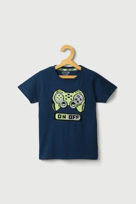 printed cotton round neck boys t-shirt - blue