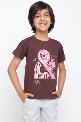 printed cotton round neck boys t-shirt - brown