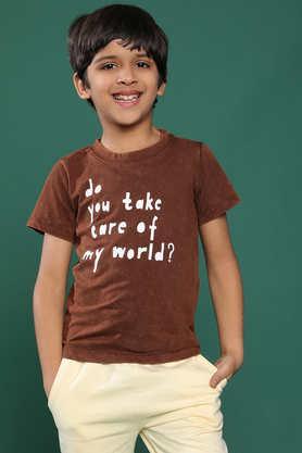 printed cotton round neck boys t-shirt - brown