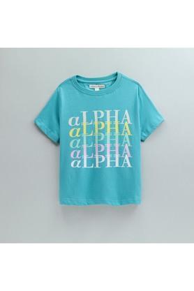 printed cotton round neck boys t-shirt - coral blue