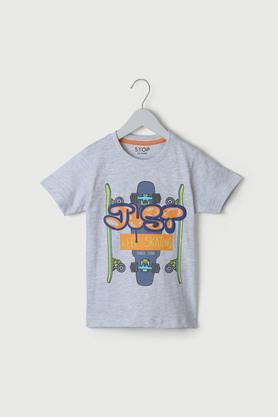 printed cotton round neck boys t-shirt - ecru