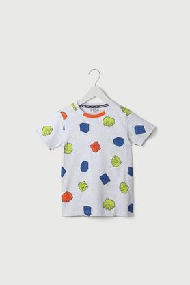 printed cotton round neck boys t-shirt - ecru