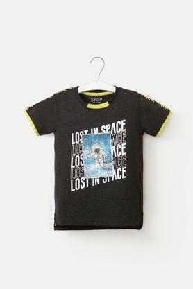 printed cotton round neck boys t-shirt - grey