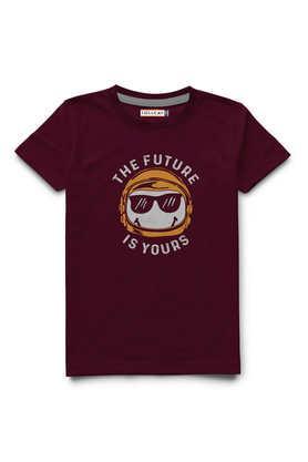 printed cotton round neck boys t-shirt - maroon