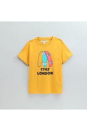 printed cotton round neck boys t-shirt - mustard