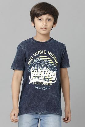 printed cotton round neck boys t-shirt - navy