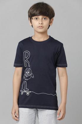 printed cotton round neck boys t-shirt - navy