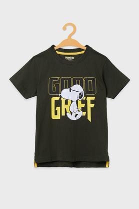 printed cotton round neck boys t-shirt - olive