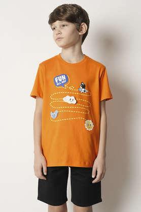 printed cotton round neck boys t-shirt - orange