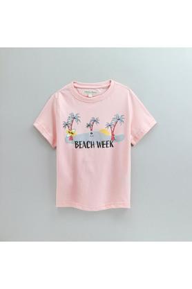 printed cotton round neck boys t-shirt - peach