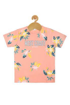 printed cotton round neck boys t-shirt - peach