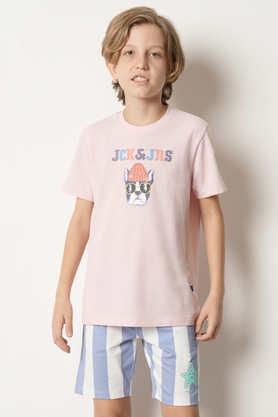printed cotton round neck boys t-shirt - pink