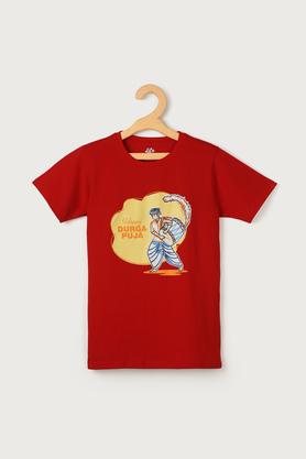 printed cotton round neck boys t-shirt - red