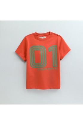 printed cotton round neck boys t-shirt - rust