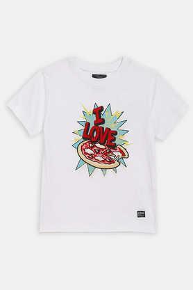 printed cotton round neck boys t-shirt - white