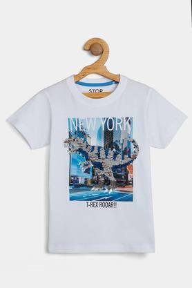 printed cotton round neck boys t-shirt - white