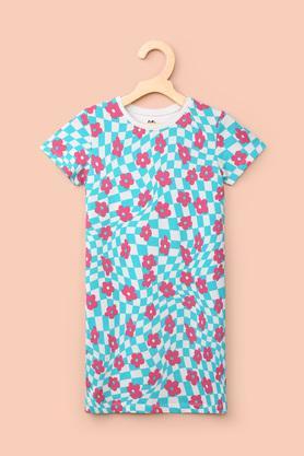 printed cotton round neck girl's casual wear dress - green