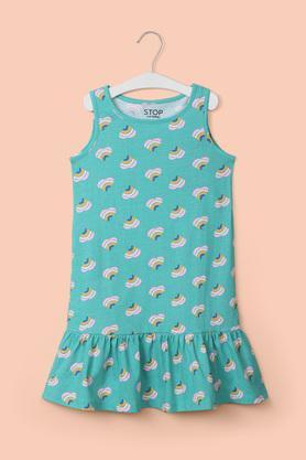 printed cotton round neck girl's casual wear dress - green