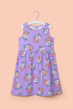 printed cotton round neck girl's casual wear dress - lavender