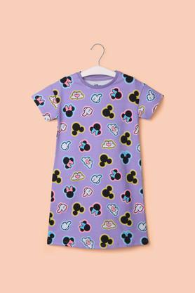 printed cotton round neck girl's casual wear dress - lavender