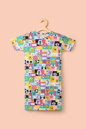 printed cotton round neck girl's casual wear dress - multi