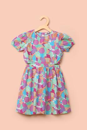 printed cotton round neck girl's casual wear dress - multi