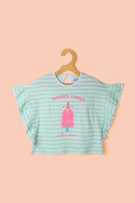 printed cotton round neck girl's top - green