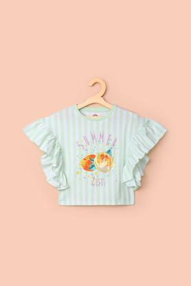 printed cotton round neck girl's top - green