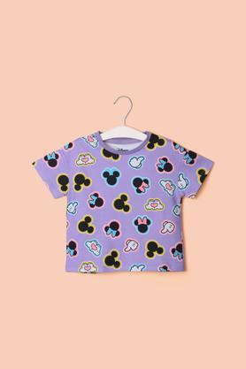 printed cotton round neck girl's top - lavender