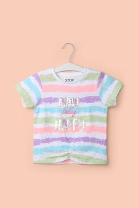 printed cotton round neck girl's top - multi