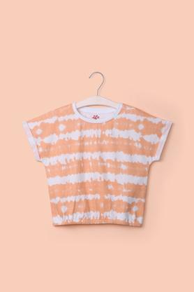 printed cotton round neck girl's top - orange