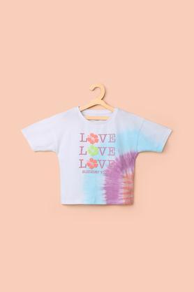 printed cotton round neck girl's top - white