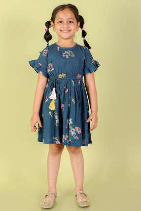 printed cotton round neck girls casual dress - blue
