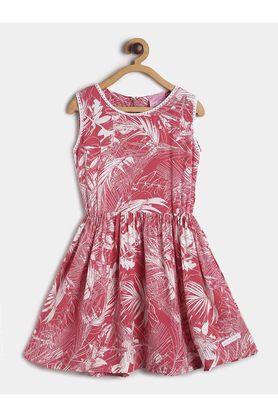 printed cotton round neck girls casual dress - pink