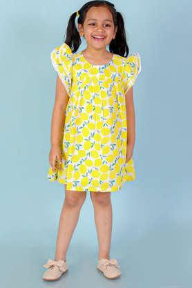 printed cotton round neck girls casual dress - yellow