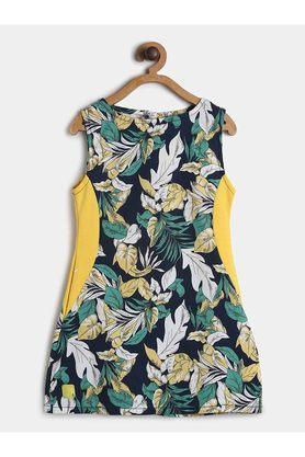 printed cotton round neck girls casual dress - yellow